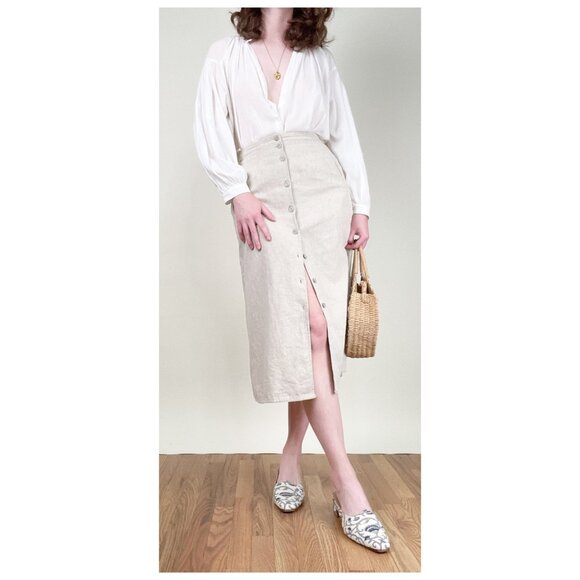 Vintage Linen Button Down Midi Skirt A-line Old Money Quiet Luxury French Girl - Picture 5 of 9